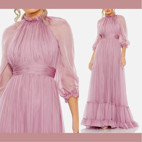 NWD Mac Duggal [ 10 ] Chiffon‎ Ruched Illusion Raglan Sleeve Ruffled Gown Q578 - Picture 2 of 16